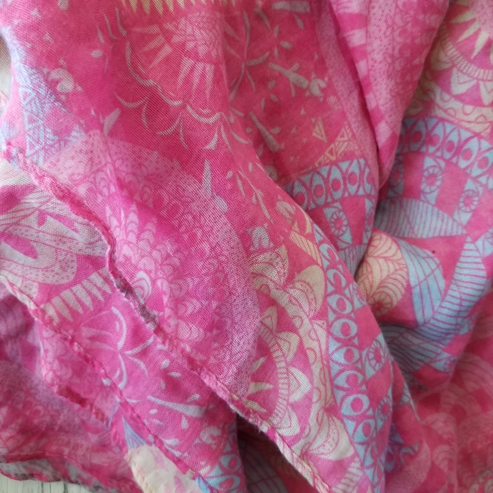 Mandala Print Sheer Pink Blue Lightweight Polyester Scarf Wrap 72" Boho Hippie